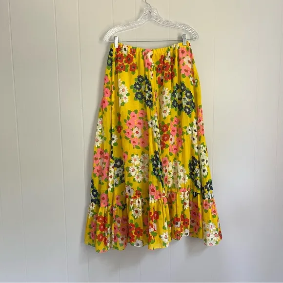 Vintage 60s 70s Yellow Floral Midi Skirt Medium Large Stretchy Waist Groovy Boho