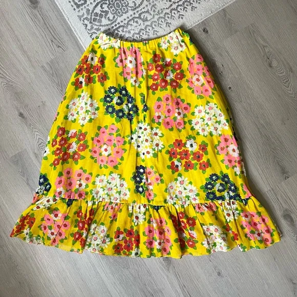 Vintage 60s 70s Yellow Floral Midi Skirt Medium Large Stretchy Waist Groovy Boho