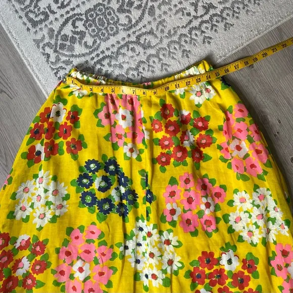 Vintage 60s 70s Yellow Floral Midi Skirt Medium Large Stretchy Waist Groovy Boho