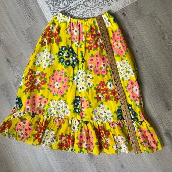 Vintage 60s 70s Yellow Floral Midi Skirt Medium Large Stretchy Waist Groovy Boho