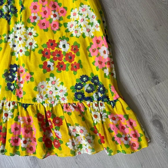 Vintage 60s 70s Yellow Floral Midi Skirt Medium Large Stretchy Waist Groovy Boho