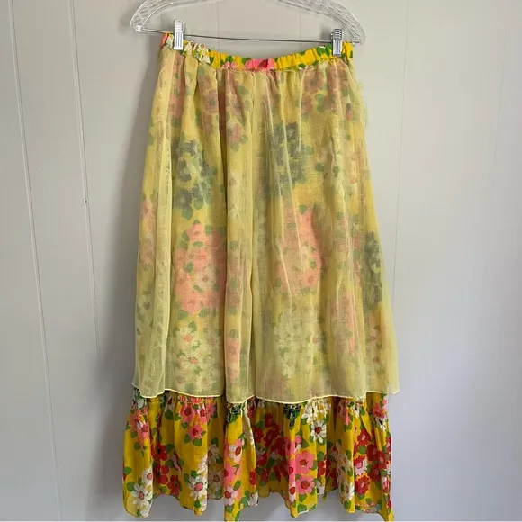 Vintage 60s 70s Yellow Floral Midi Skirt Medium Large Stretchy Waist Groovy Boho