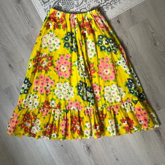 Vintage 60s 70s Yellow Floral Midi Skirt Medium Large Stretchy Waist Groovy Boho