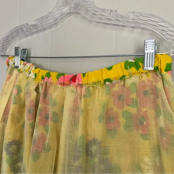 Vintage 60s 70s Yellow Floral Midi Skirt Medium Large Stretchy Waist Groovy Boho