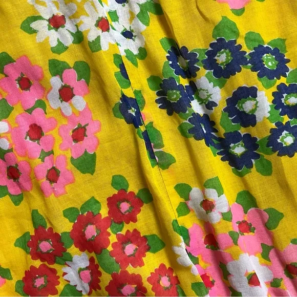 Vintage 60s 70s Yellow Floral Midi Skirt Medium Large Stretchy Waist Groovy Boho