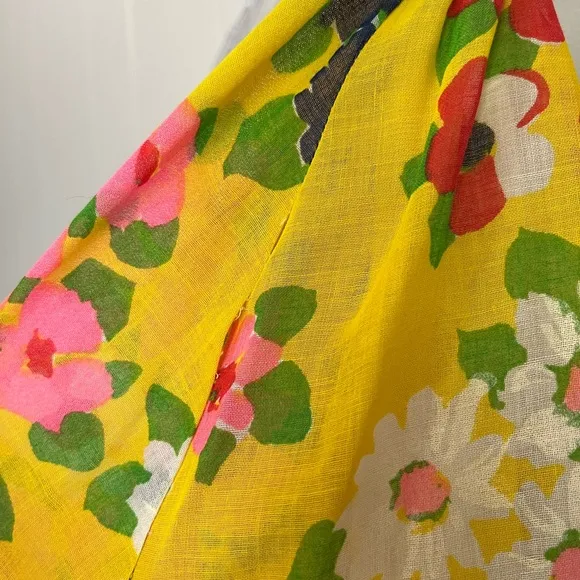 Vintage 60s 70s Yellow Floral Midi Skirt Medium Large Stretchy Waist Groovy Boho