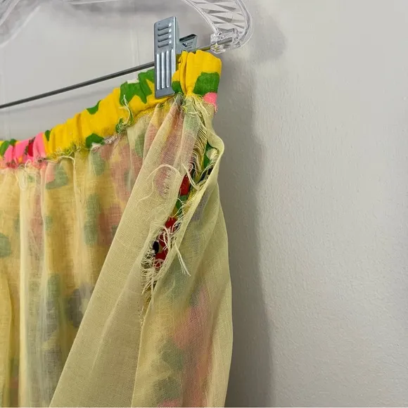 Vintage 60s 70s Yellow Floral Midi Skirt Medium Large Stretchy Waist Groovy Boho