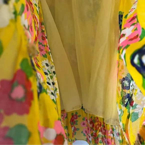Vintage 60s 70s Yellow Floral Midi Skirt Medium Large Stretchy Waist Groovy Boho