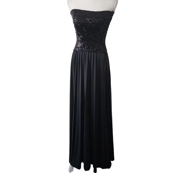 Vintage 70s 80s Vicky Vaughn Junior Strapless Black Sequin Dress IlGWU