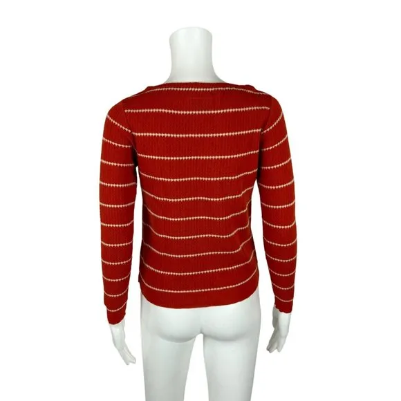 Vintage 70s Striped Sweater Women's XXS Burnt Orange Bow Neck Long Sleeve Top