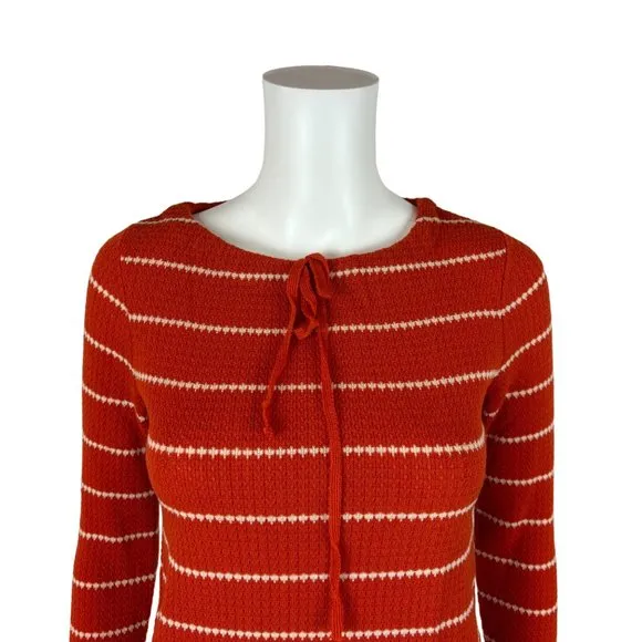 Vintage 70s Striped Sweater Women's XXS Burnt Orange Bow Neck Long Sleeve Top
