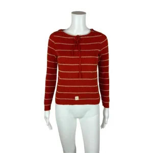 Vintage 70s Striped Sweater Women's XXS Burnt Orange Bow Neck Long Sleeve Top