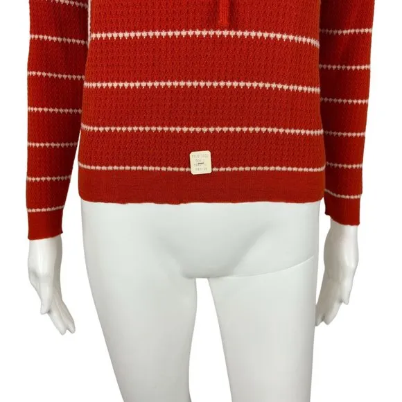 Vintage 70s Striped Sweater Women's XXS Burnt Orange Bow Neck Long Sleeve Top