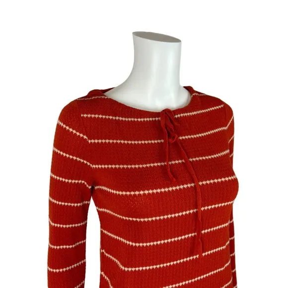 Vintage 70s Striped Sweater Women's XXS Burnt Orange Bow Neck Long Sleeve Top