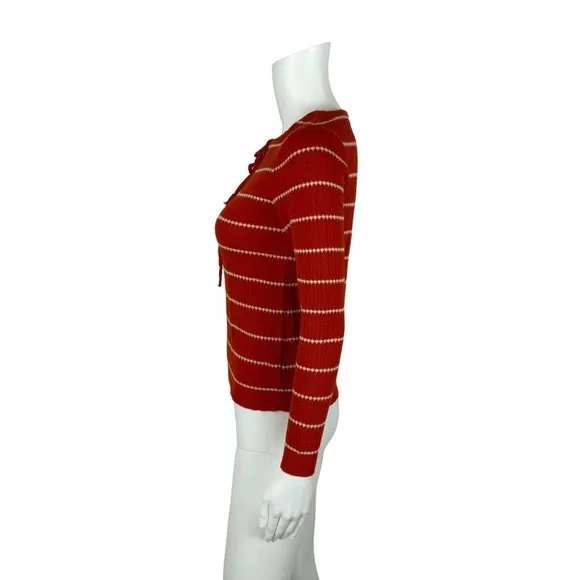Vintage 70s Striped Sweater Women's XXS Burnt Orange Bow Neck Long Sleeve Top