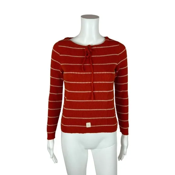Vintage 70s Striped Sweater Women's XXS Burnt Orange Bow Neck Long Sleeve Top