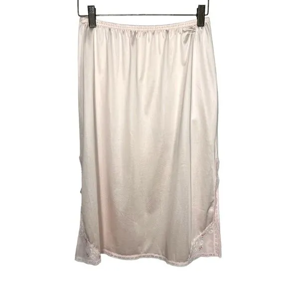 Vintage 80s Vanity Fair Light Pink Chiffon Embroidered Floral Lace Knee Length S