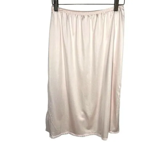 Vintage 80s Vanity Fair Light Pink Chiffon Embroidered Floral Lace Knee Length S