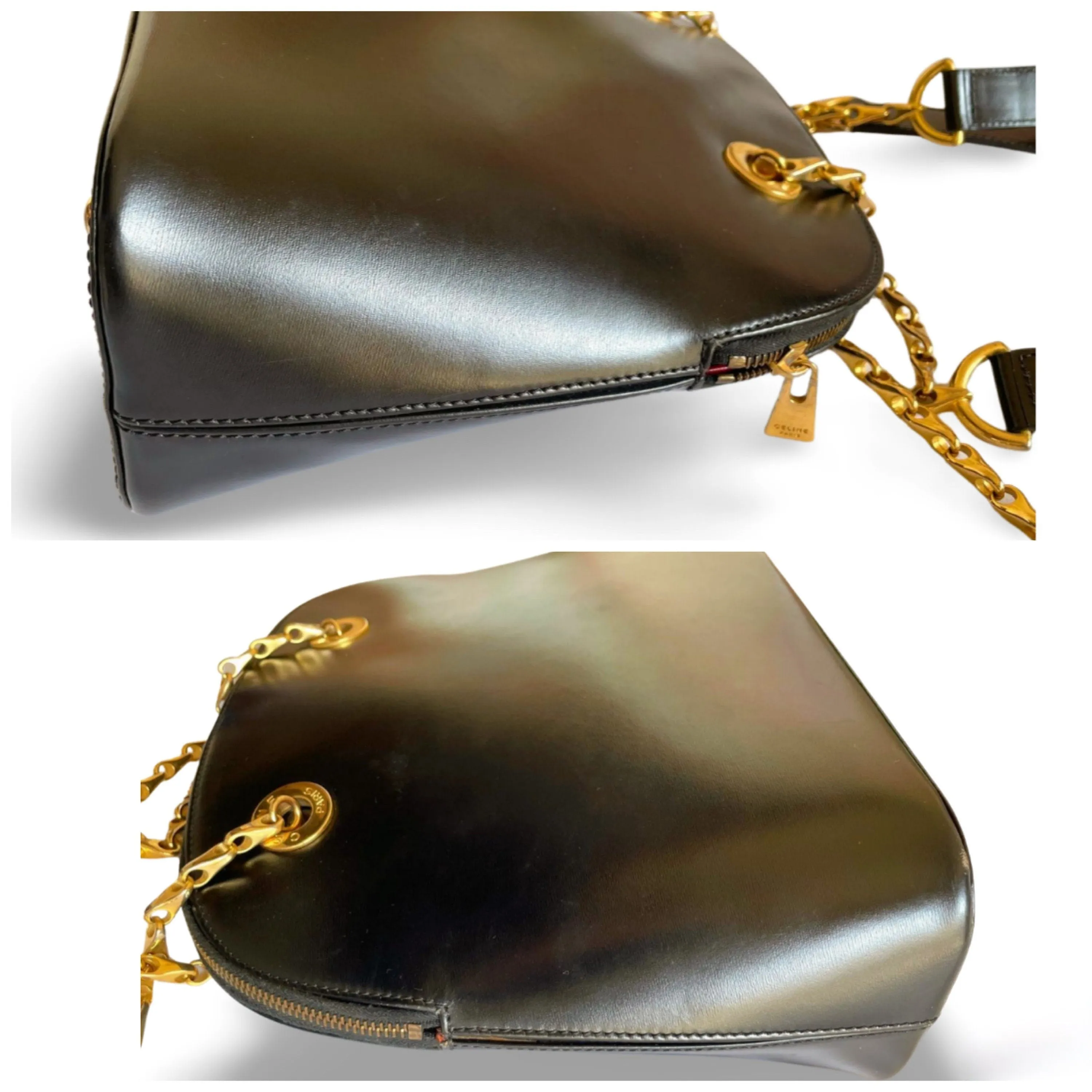 Vintage Celine classic bolide design shoulder bag in black leather with golden chains and red compartment. riri zipper. 060123ac3