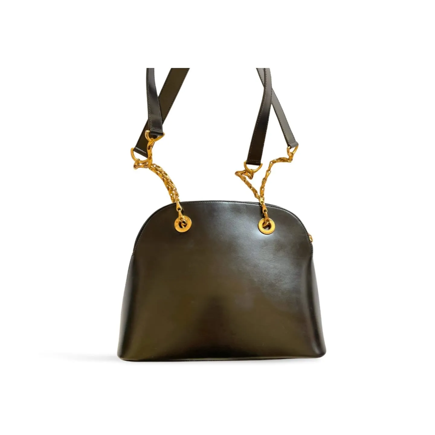Vintage Celine classic bolide design shoulder bag in black leather with golden chains and red compartment. riri zipper. 060123ac3