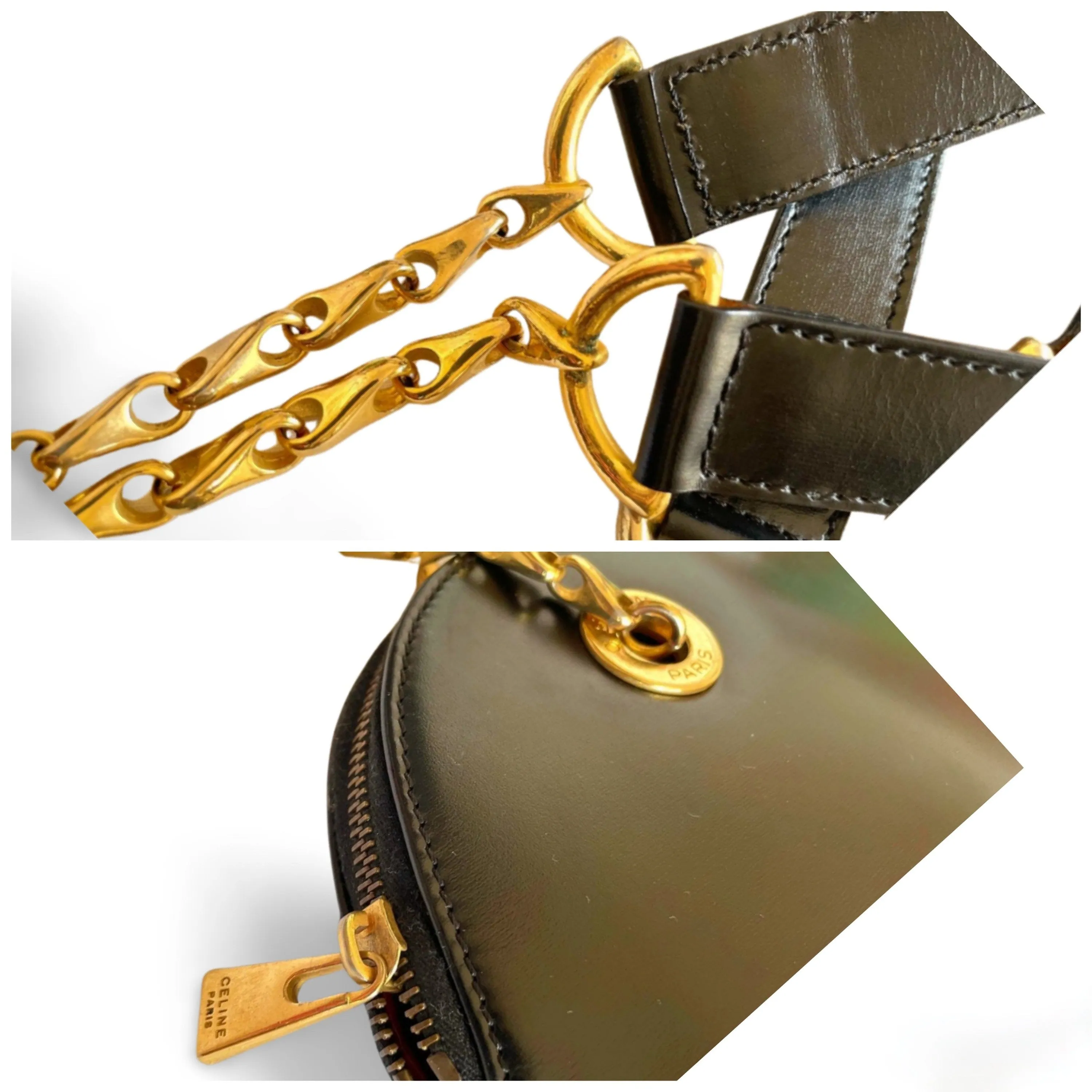 Vintage Celine classic bolide design shoulder bag in black leather with golden chains and red compartment. riri zipper. 060123ac3