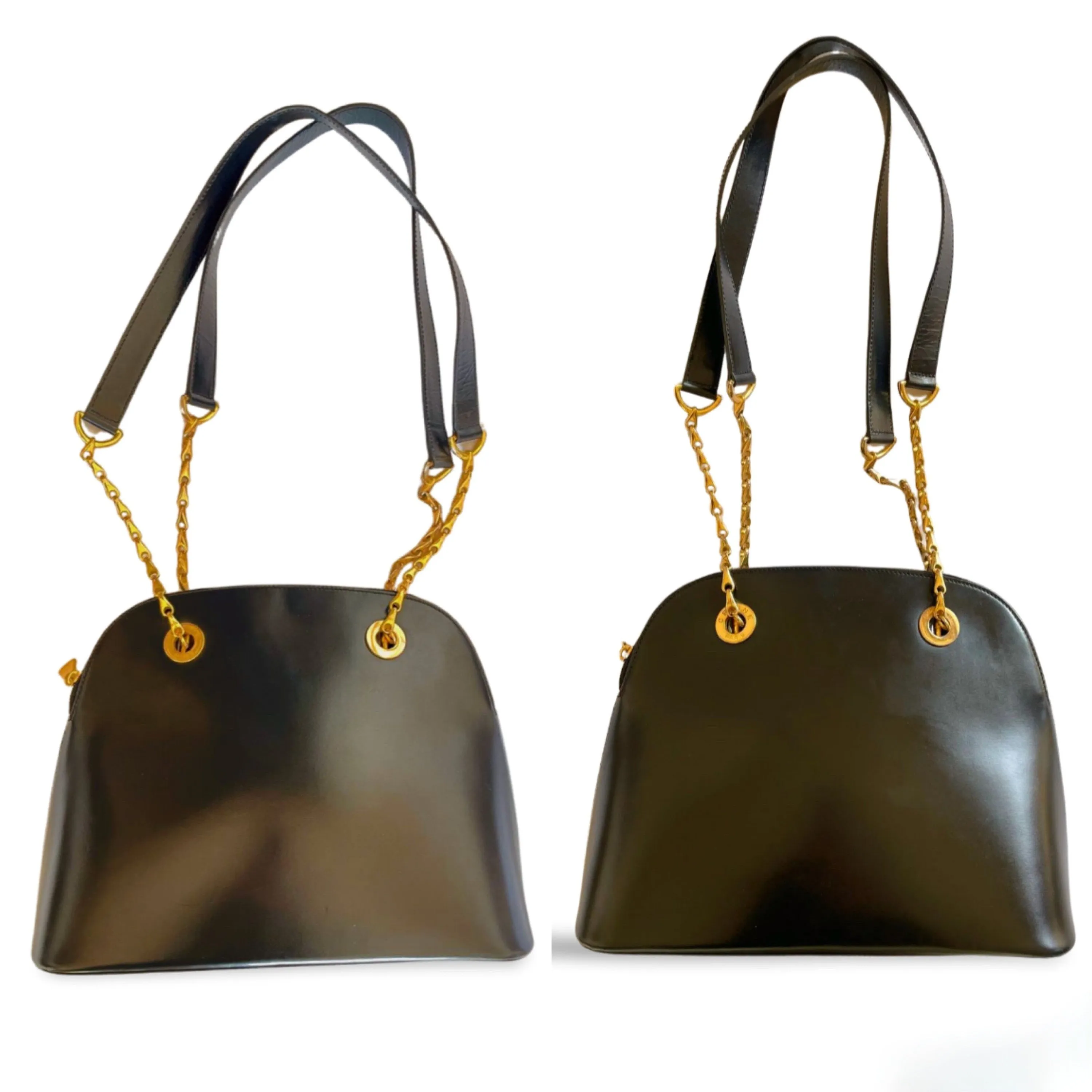 Vintage Celine classic bolide design shoulder bag in black leather with golden chains and red compartment. riri zipper. 060123ac3