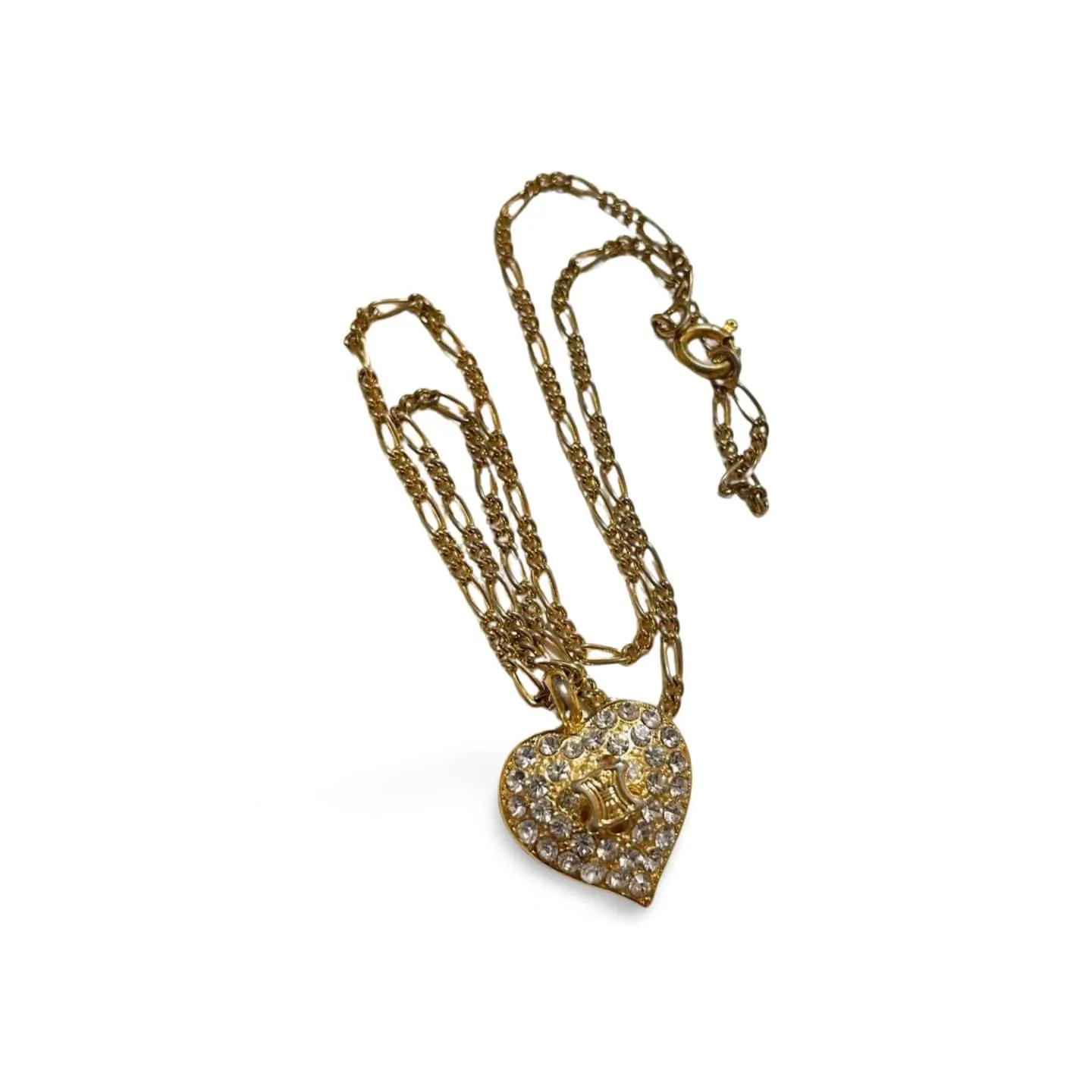 Vintage CELINE golden heart and logo with crystal pendant top skinny chain necklace. Perfect jewelry piece for any occasion. 060416ac3