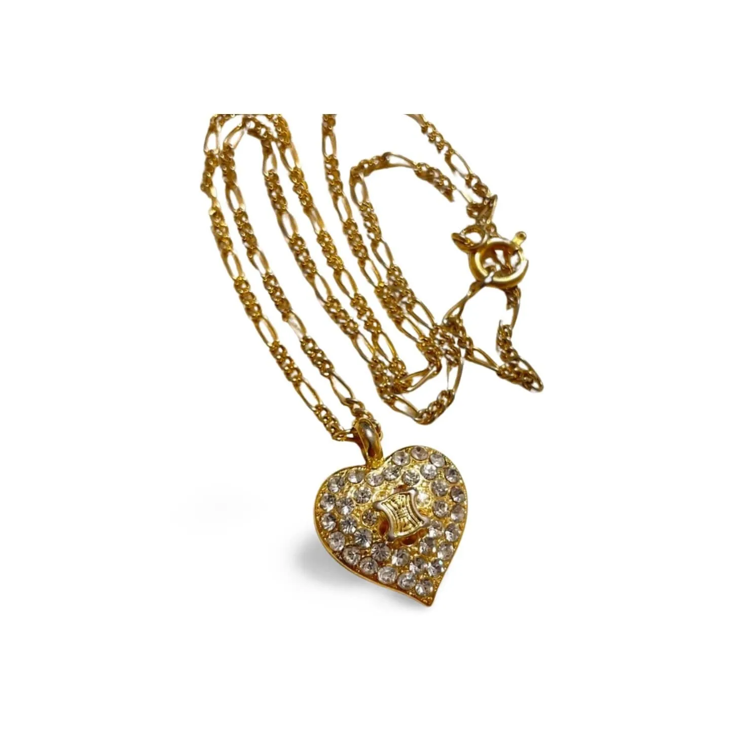 Vintage CELINE golden heart and logo with crystal pendant top skinny chain necklace. Perfect jewelry piece for any occasion. 060416ac3