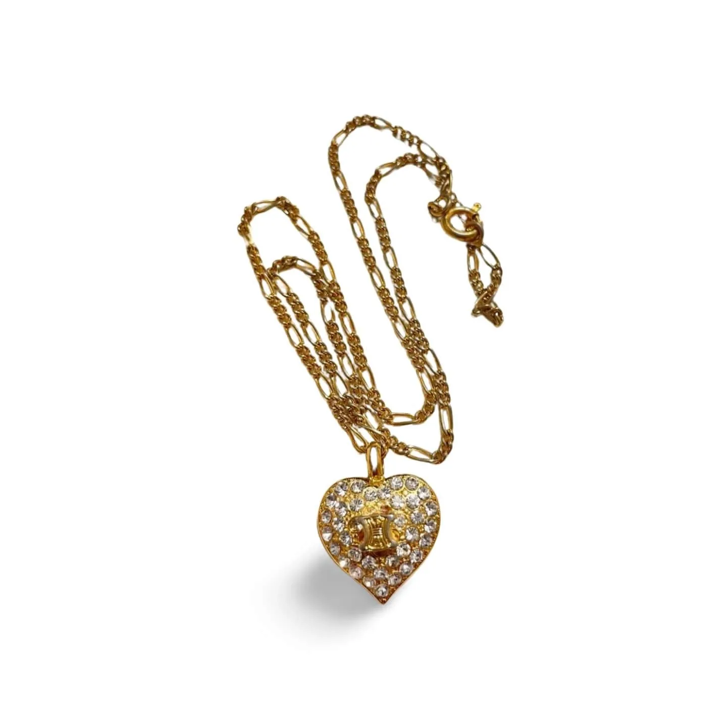Vintage CELINE golden heart and logo with crystal pendant top skinny chain necklace. Perfect jewelry piece for any occasion. 060416ac3