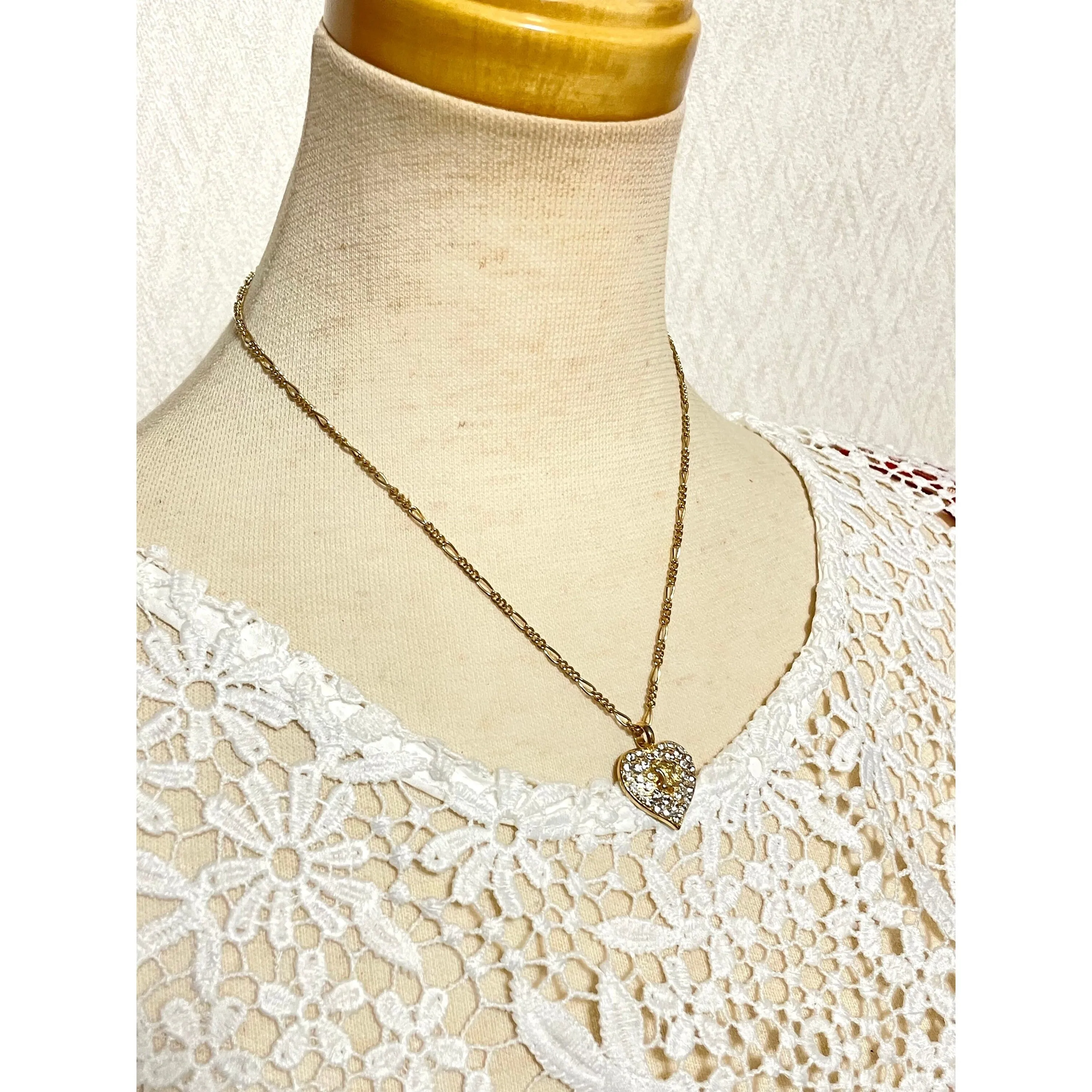 Vintage CELINE golden heart and logo with crystal pendant top skinny chain necklace. Perfect jewelry piece for any occasion. 060416ac3
