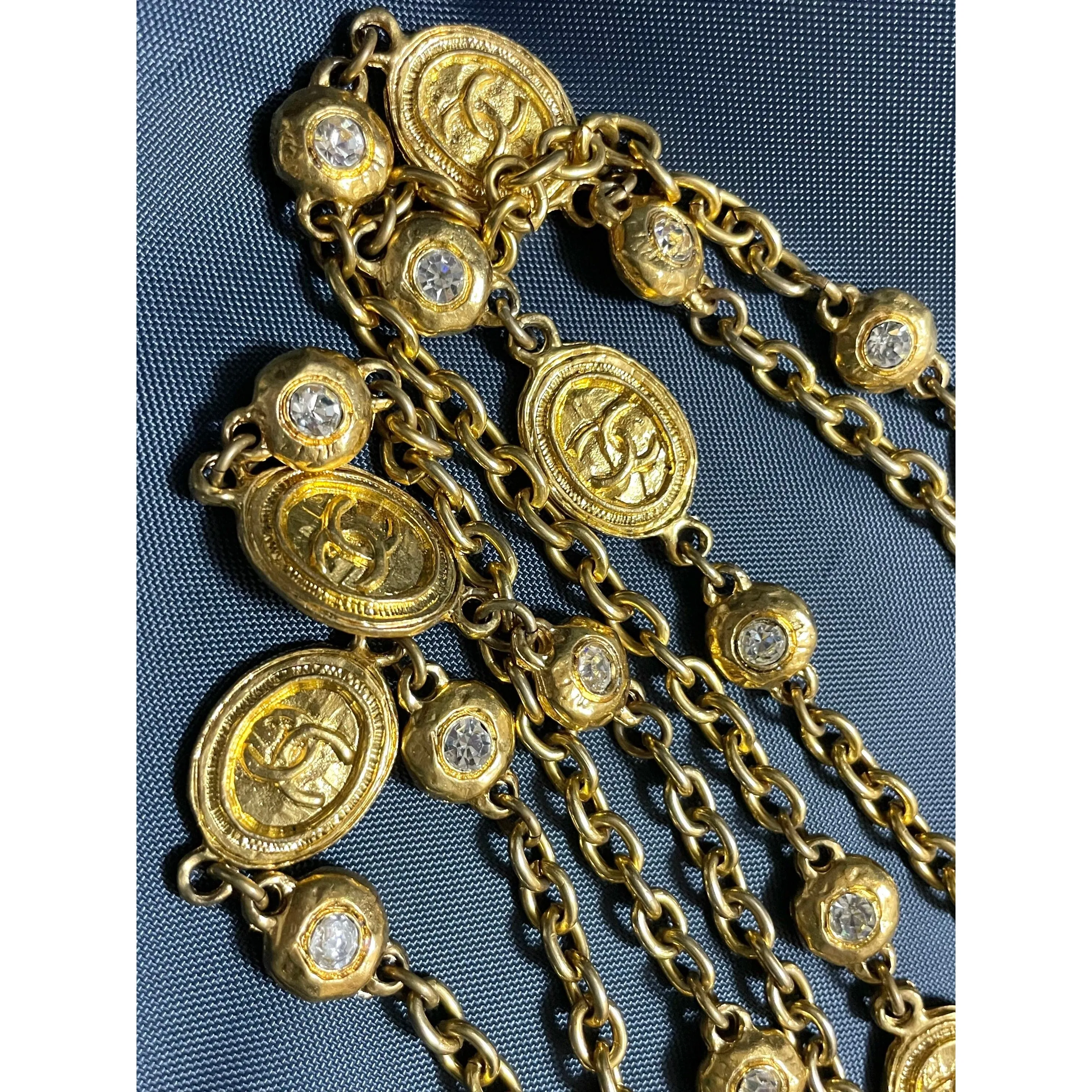 Vintage CHANEL chain and crystal glass necklace with medal CC mark charms. Can wear in double and triple. 0411211