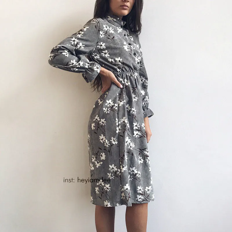Vintage Flower Elastic Waist Dress For Women