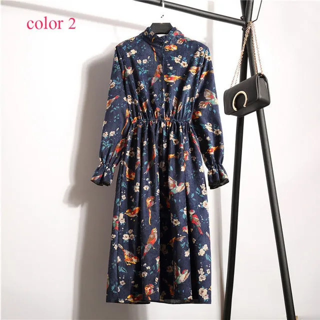 Vintage Flower Elastic Waist Dress For Women