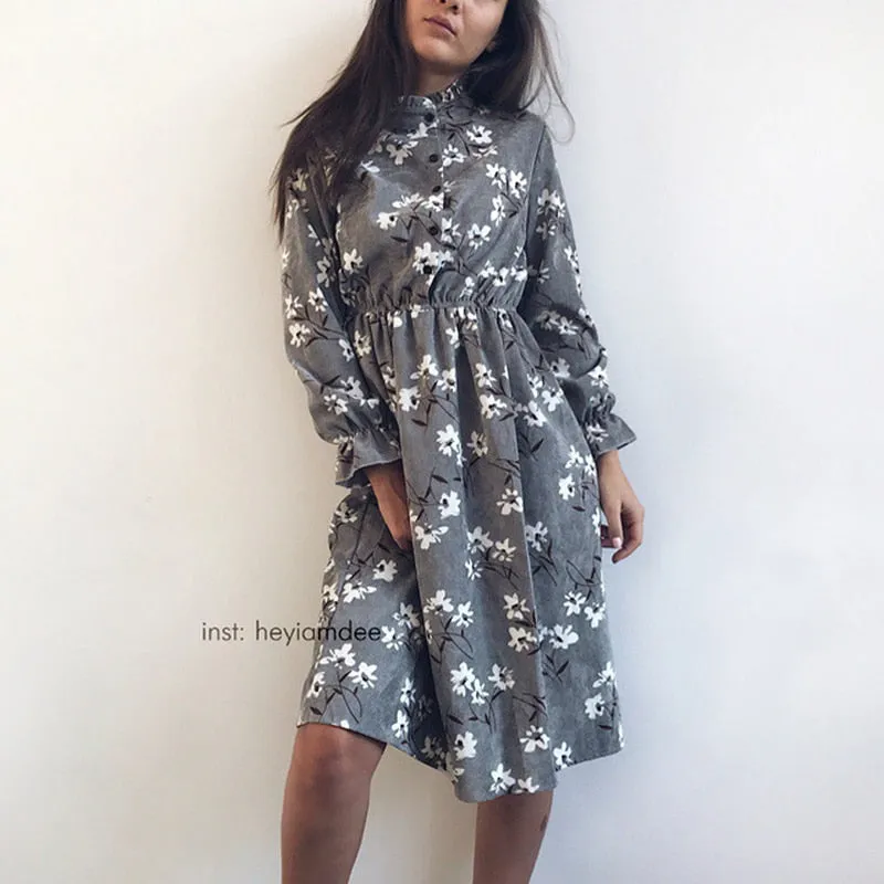 Vintage Flower Elastic Waist Dress For Women