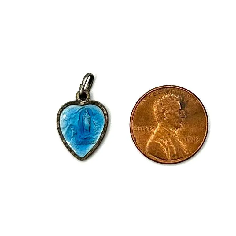 Vintage French Heart Shaped Enameled Religious Medal