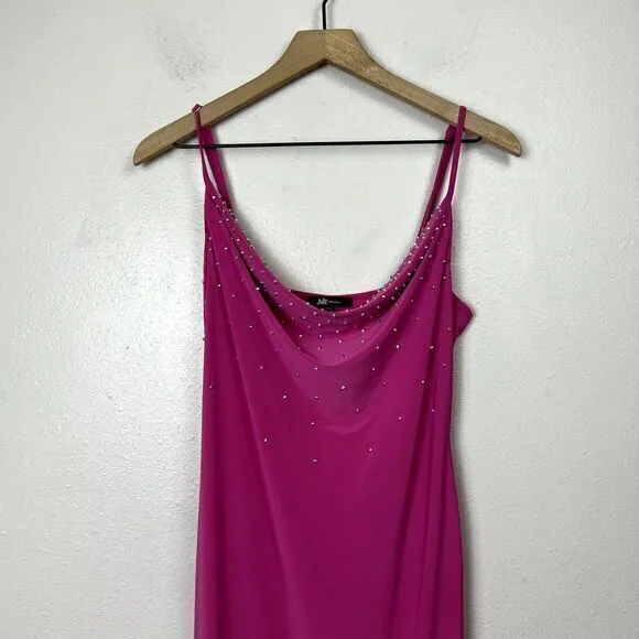 Vintage Jump Apparel USA Stretch Maxi Dress Sz. M Hot Pink Rhinestone Draped Y2K