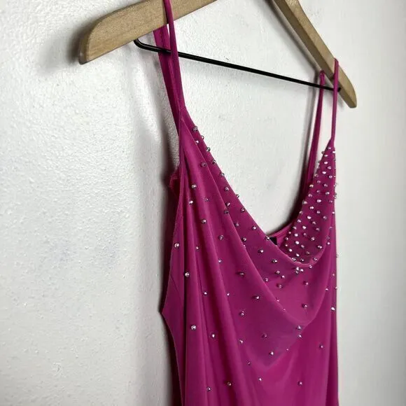 Vintage Jump Apparel USA Stretch Maxi Dress Sz. M Hot Pink Rhinestone Draped Y2K