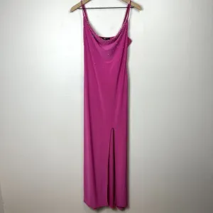Vintage Jump Apparel USA Stretch Maxi Dress Sz. M Hot Pink Rhinestone Draped Y2K