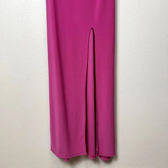 Vintage Jump Apparel USA Stretch Maxi Dress Sz. M Hot Pink Rhinestone Draped Y2K