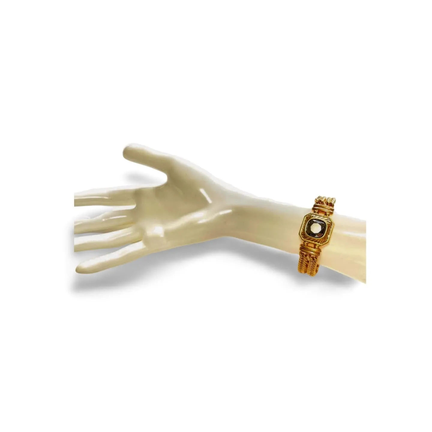 Vintage Lanvin double golden chain bracelet with gunmetallic glass stone. Made in Germany. 060326ac