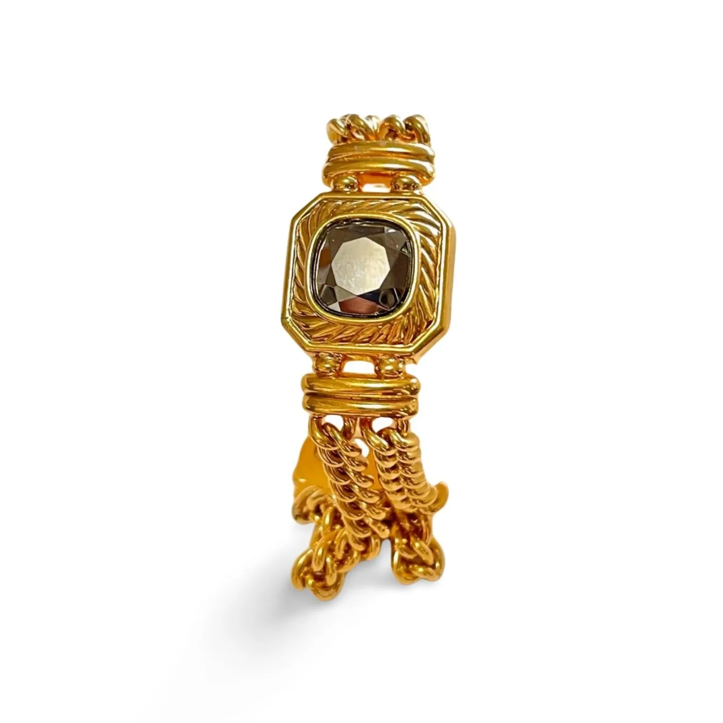 Vintage Lanvin double golden chain bracelet with gunmetallic glass stone. Made in Germany. 060326ac