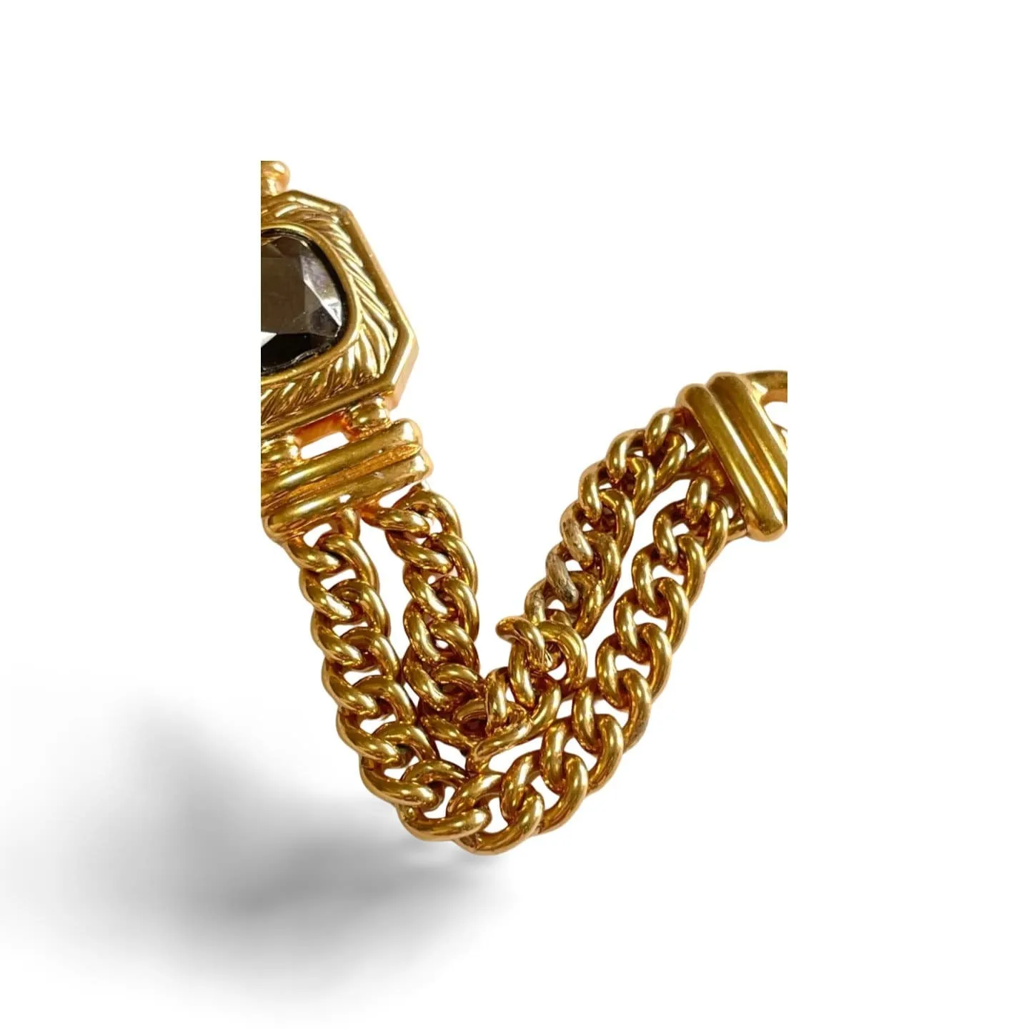 Vintage Lanvin double golden chain bracelet with gunmetallic glass stone. Made in Germany. 060326ac