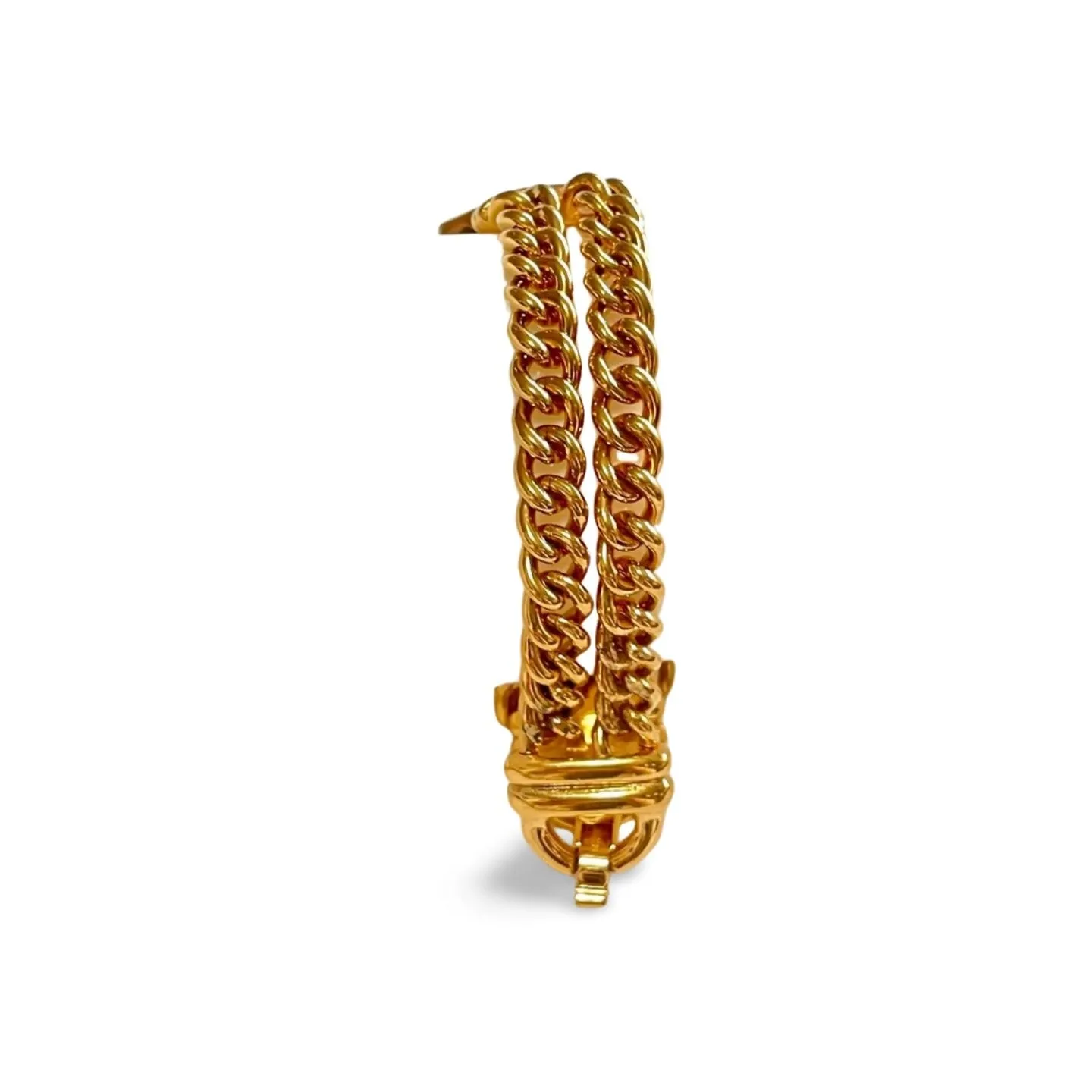 Vintage Lanvin double golden chain bracelet with gunmetallic glass stone. Made in Germany. 060326ac
