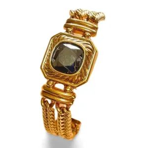 Vintage Lanvin double golden chain bracelet with gunmetallic glass stone. Made in Germany. 060326ac