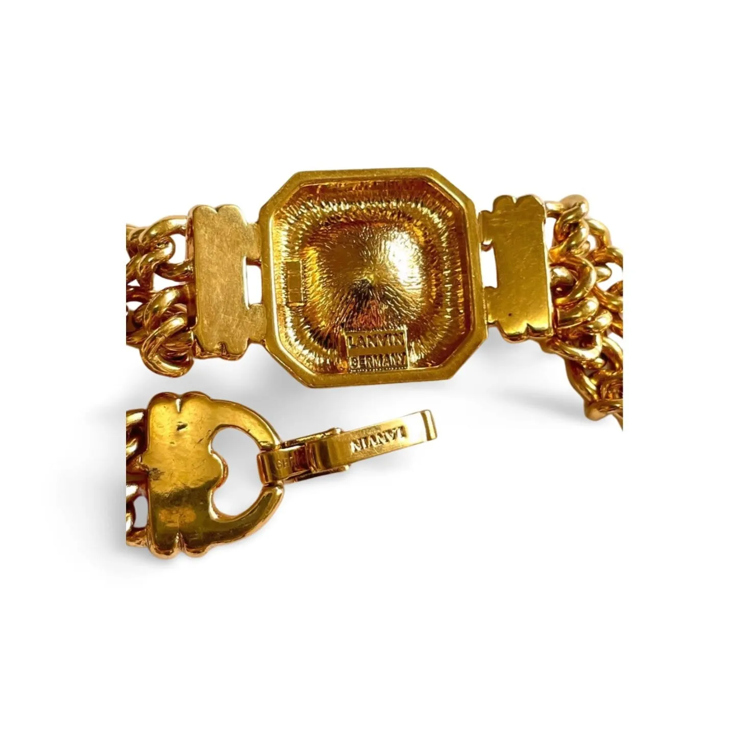 Vintage Lanvin double golden chain bracelet with gunmetallic glass stone. Made in Germany. 060326ac