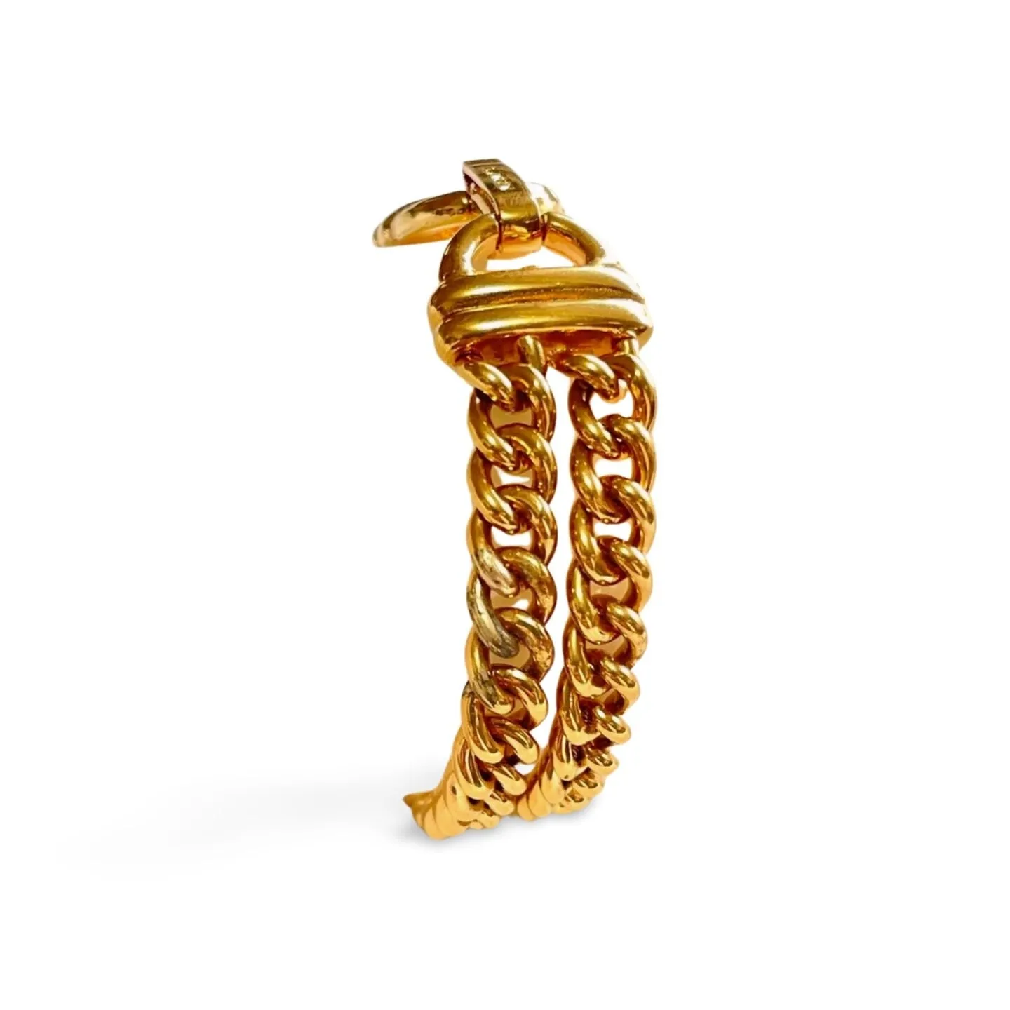 Vintage Lanvin double golden chain bracelet with gunmetallic glass stone. Made in Germany. 060326ac
