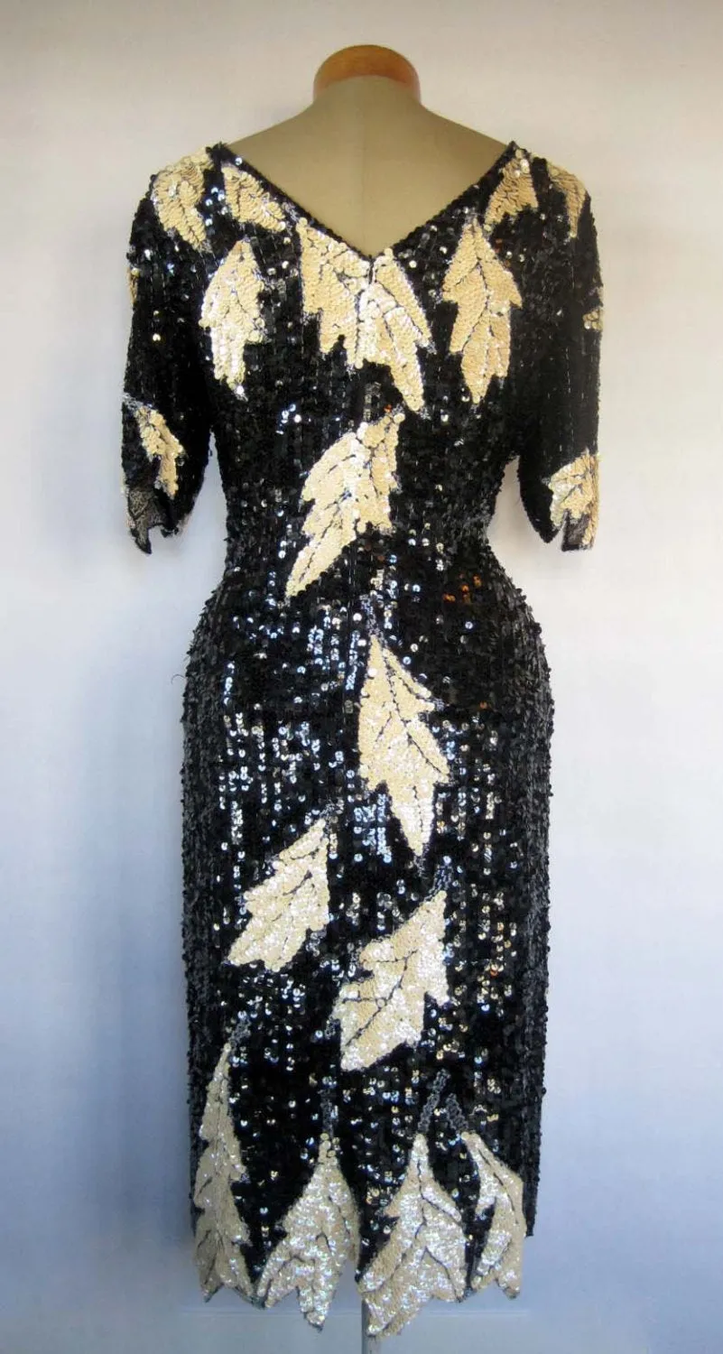 Vintage Lillie Rubin Sequin Ivory & Black Leaf Motif Trophy Cocktail / Party Designer Dress