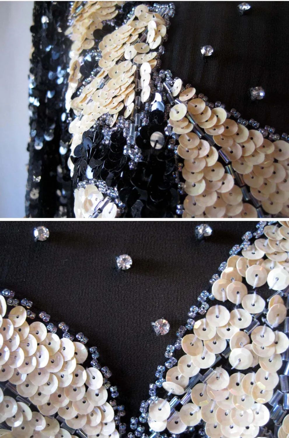 Vintage Lillie Rubin Sequin Ivory & Black Leaf Motif Trophy Cocktail / Party Designer Dress
