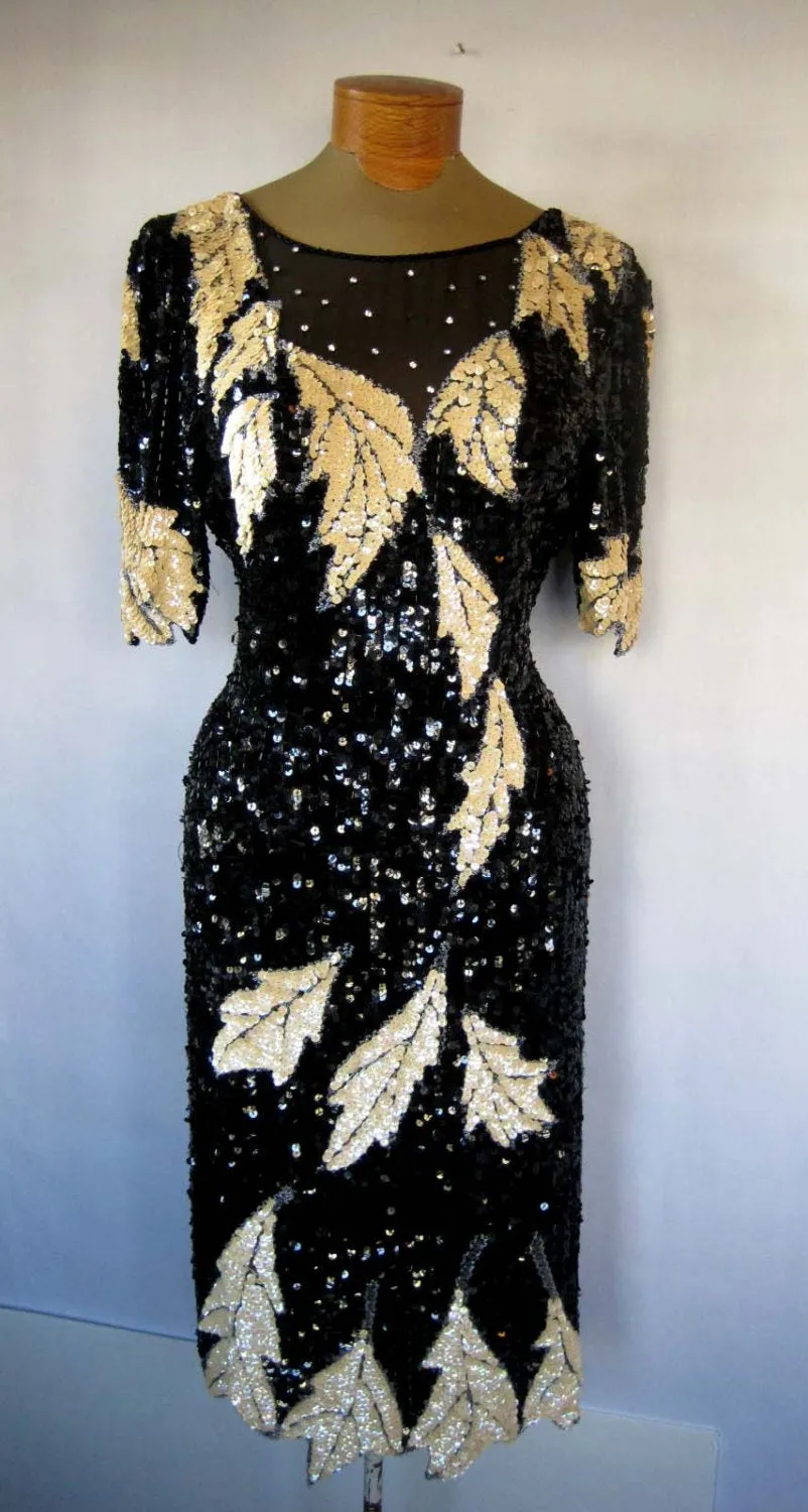 Vintage Lillie Rubin Sequin Ivory & Black Leaf Motif Trophy Cocktail / Party Designer Dress