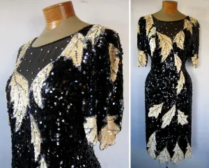 Vintage Lillie Rubin Sequin Ivory & Black Leaf Motif Trophy Cocktail / Party Designer Dress